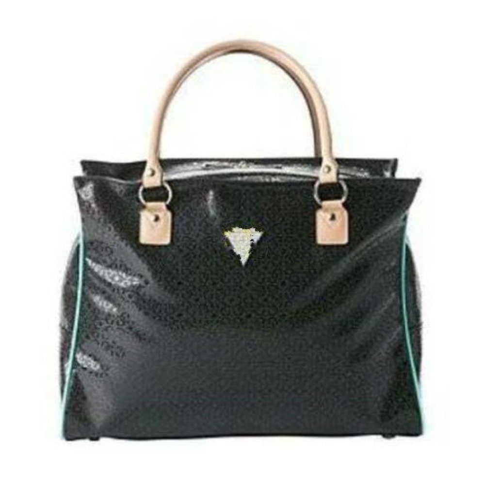 Guess Tote Travel Bag Luggage Black Purse Lambent Shopper Fx Leather Slip Strap